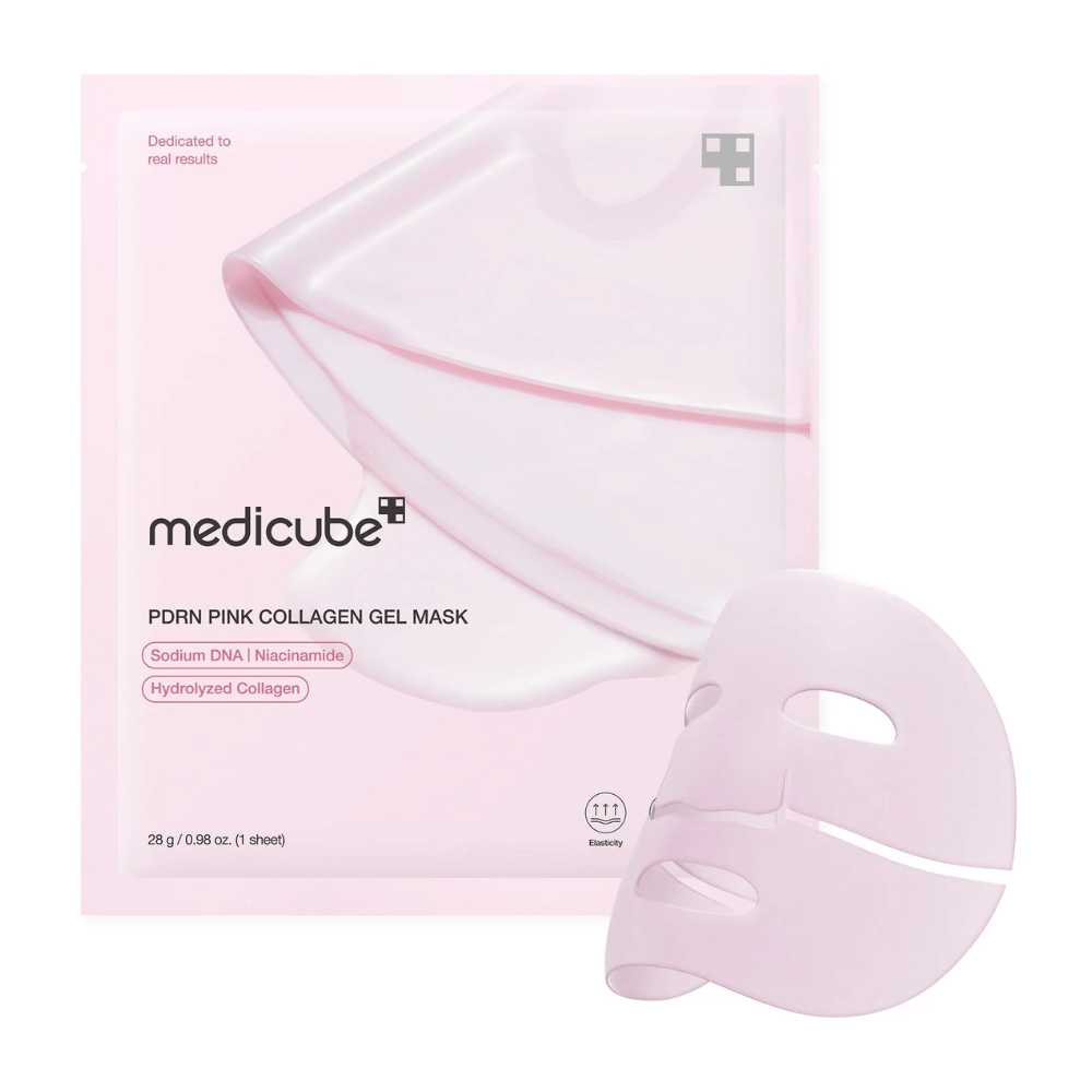 Jasnoróżowe opakowanie medicube PDRN Pink Collagen Gel Mask z przezroczystą maską żelową obok. Zawiera składniki takie jak Sodium DNA, Niacynamid i Hydrolizowany Kolagen dla elastyczności i nawilżenia.