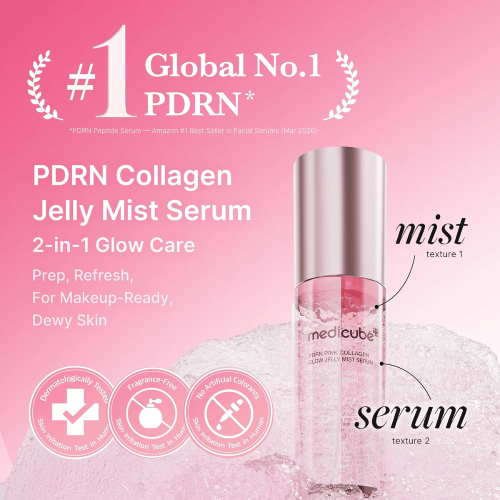 5. Medicube PDRN Pink Collagen Glow Jelly Mist Serum 60 ml – mgiełka do twarzy i serum dwa w jednym dla nawilżonej i promiennej skóry