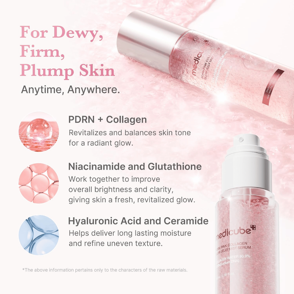 4. Medicube PDRN Pink Collagen Glow Jelly Mist Serum – nawilżająca mgiełka z PDRN, kolagenem, niacynamidem i kwasem hialuronowym