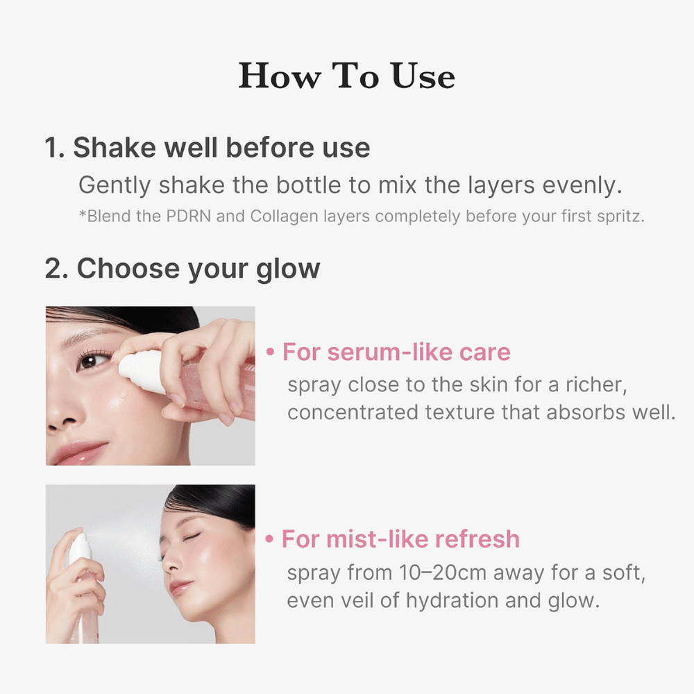 2. Medicube PDRN Pink Collagen Glow Jelly Mist Serum – stosowanie jako nawilżająca mgiełka do twarzy lub skoncentrowane serum