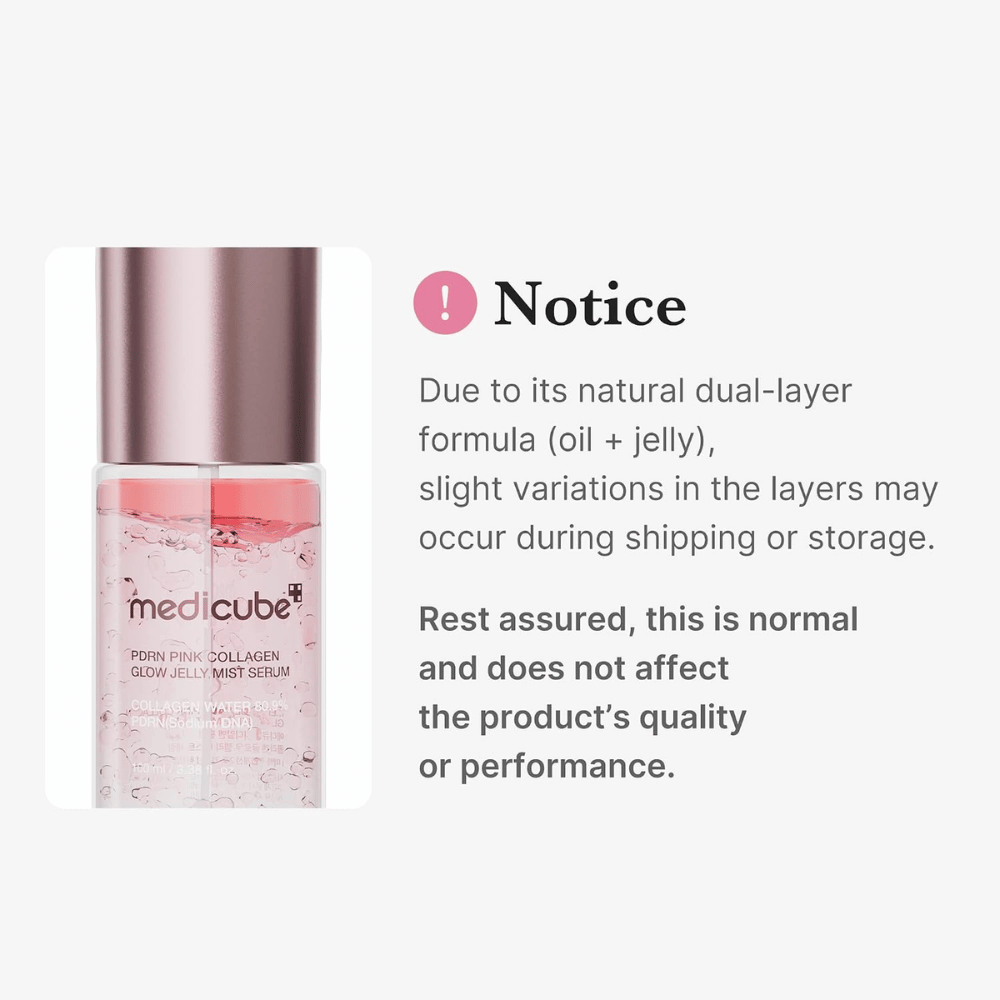 1. Medicube PDRN Pink Collagen Glow Jelly Mist Serum – dwufazowa formuła z olejkiem i żelem, która może naturalnie się rozdzielać