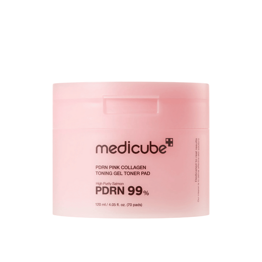 Medicube PDRN Pink Collagen Toning Gel Toner Pad i rosa burk med text som visar 99 % PDRN-innehåll och 120 ml, designad för att förbättra hudens fasthet och lyster.