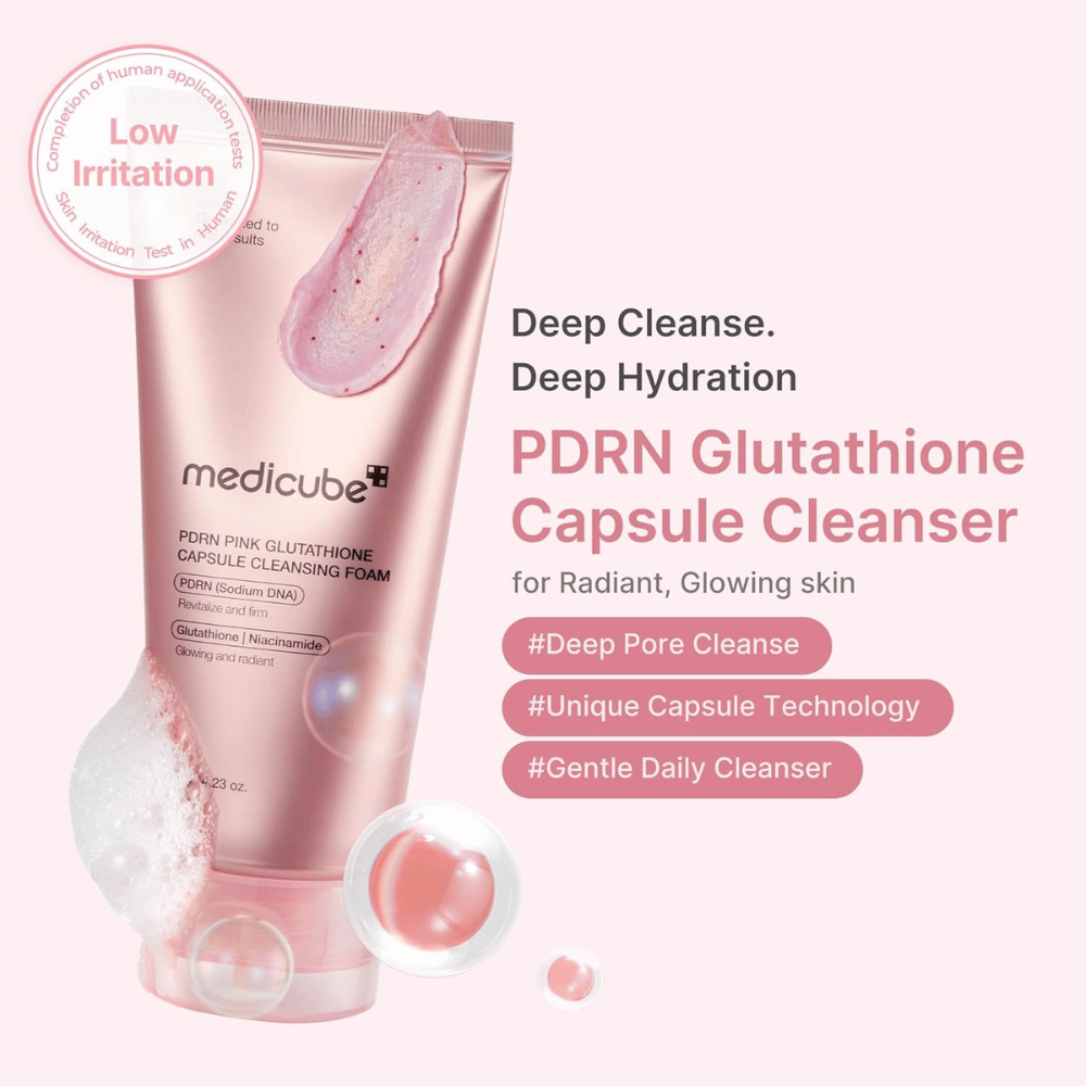 Medicube PDRN Pink Glutathione Capsule Cleansing Foam o niskim potencjale podrażnień do codziennego oczyszczania i jaśniejszej skóry z naturalnym blaskiem