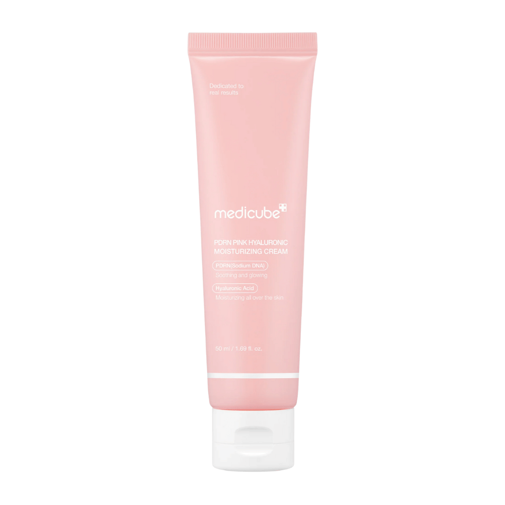Medicube PDRN Pink Hyaluronic Moisturizing Cream w różowej tubce z białą nakrętką, krem nawilżający wzbogacony kwasem hialuronowym i DNA łososia PDRN.
