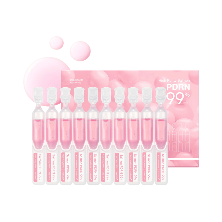 Medicube PDRN Pink One Day Serum Set z dziesięcioma indywidualnymi ampułkami i opakowaniem produktu. Zestaw zawiera serum z 99% wysoko oczyszczonym łososiowym PDRN do nawilżenia, blasku i codziennej pielęgnacji skóry.