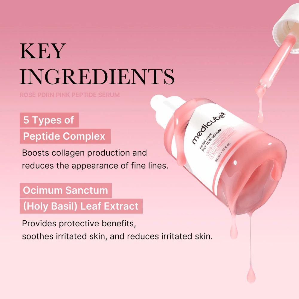 Medicube Rose PDRN Pink Peptide Serum – Odżywcze serum dla jędrniejszej i spokojniejszej skóry.

💖 5 rodzajów kompleksów peptydowych – Stymuluje produkcję kolagenu i zmniejsza drobne linie.
🌿 Ocimum Sanctum (Święta Bazylia) ekstrakt – Chroni, łagodzi i zmniejsza podrażnienia.

Idealne dla gładszej, nawilżonej i promiennej skóry!