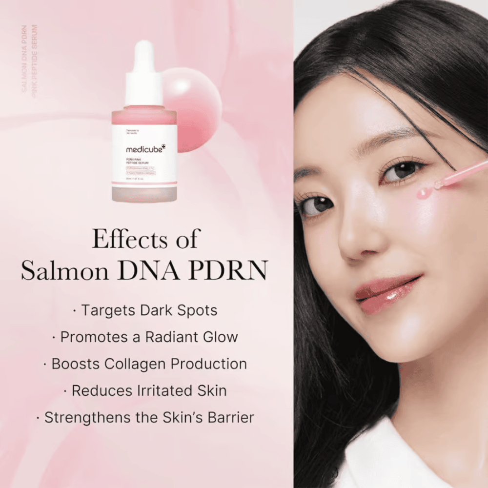Medicube PDRN Pink Peptide Serum z DNA łososia PDRN. Modelka aplikuje różowe serum na policzek za pomocą pipety.