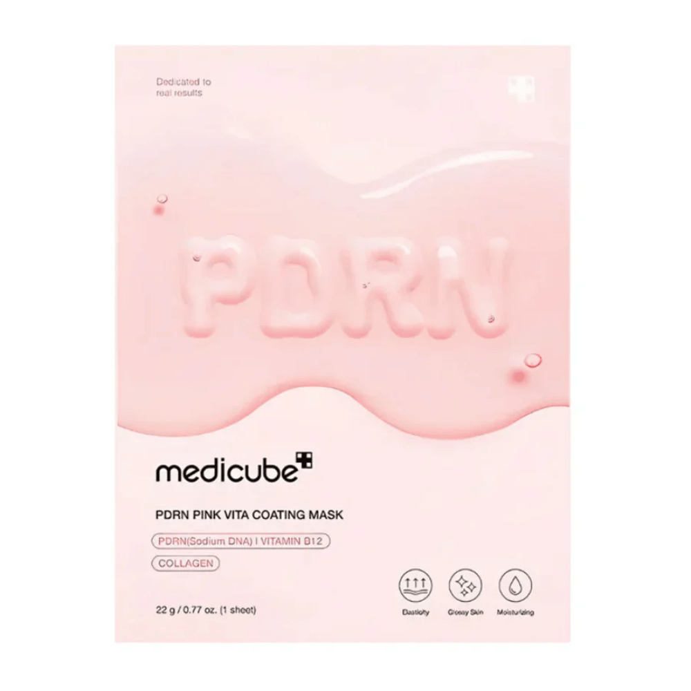  Proste zdjęcie produktu Medicube PDRN Pink Vita Coating Mask w różowym opakowaniu.
