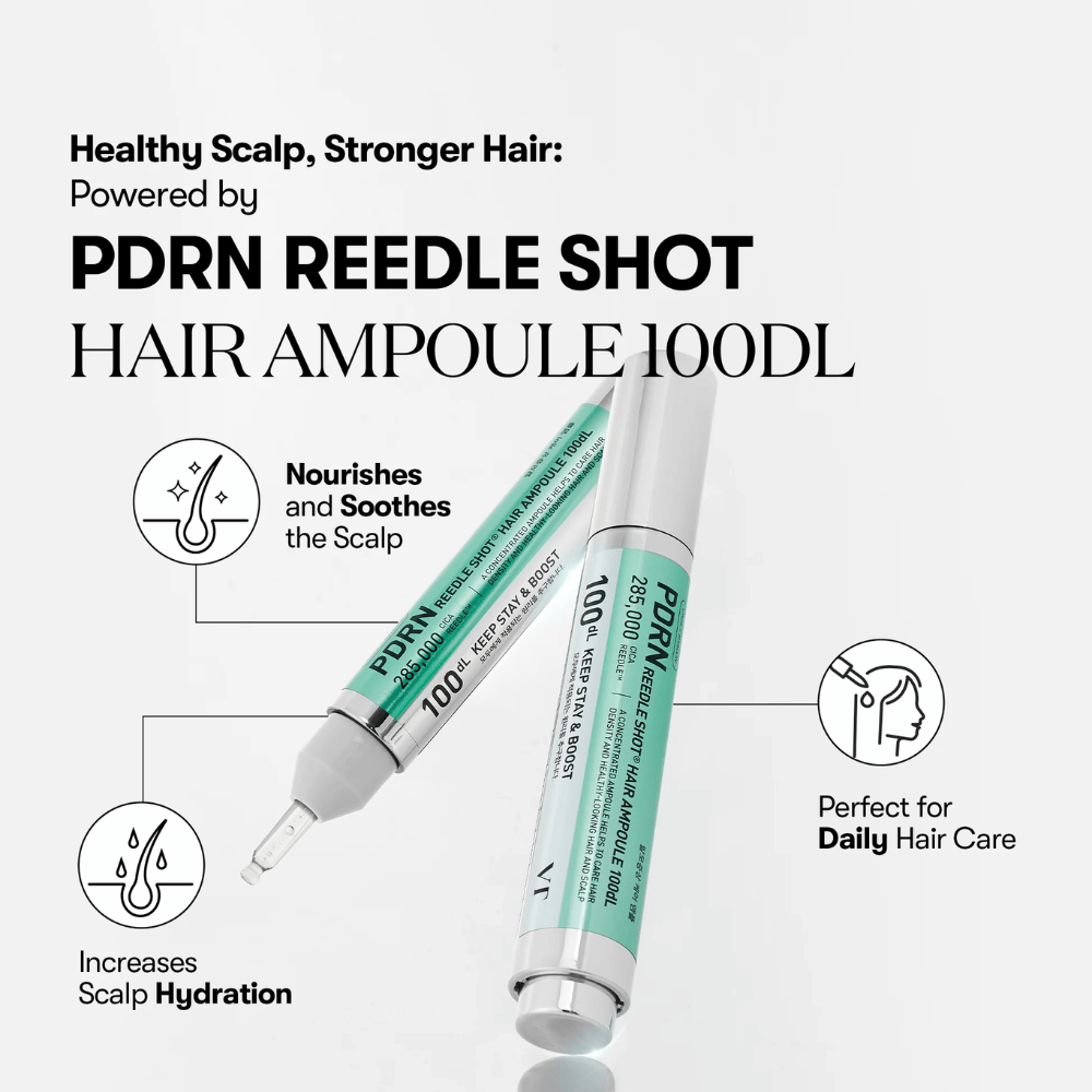 Prezentacja produktu PDRN Reedle Shot Hair Ampoule 100dL z naciskiem na korzyści takie jak działanie kojące, zwiększone nawilżenie skóry głowy i codzienna pielęgnacja włosów.