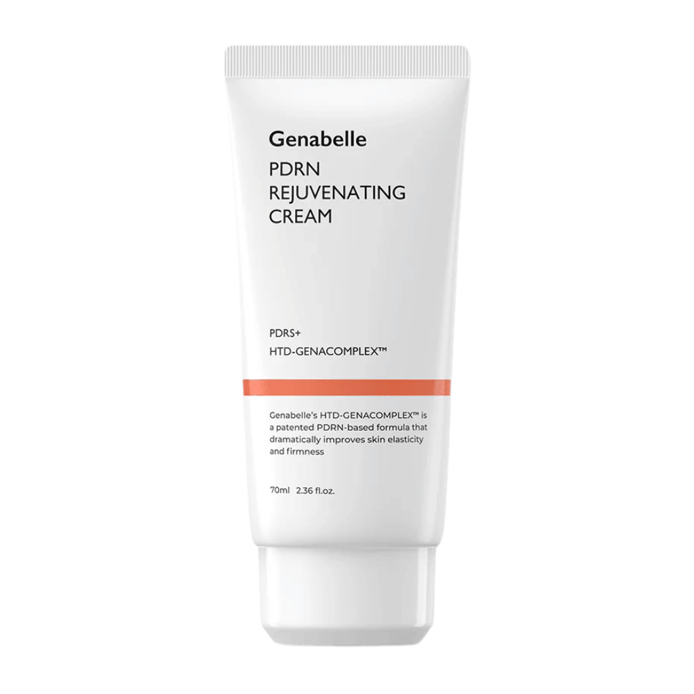 Zdjęcie produktu Genabelle PDRN Rejuvenating Cream w białej tubce na białym tle. Nawilżający krem do twarzy z PDRN i HTD-GENACOMPLEX™ pomaga poprawić elastyczność i jędrność skóry.