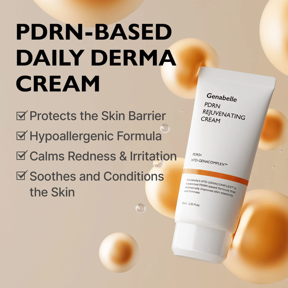 Genabelle PDRN Rejuvenating Cream otoczony złotymi sferami symbolizującymi technologię PDRN. Obraz podkreśla właściwości wzmacniające barierę skórną, działanie kojące oraz hipoalergiczną formułę do codziennego stosowania.