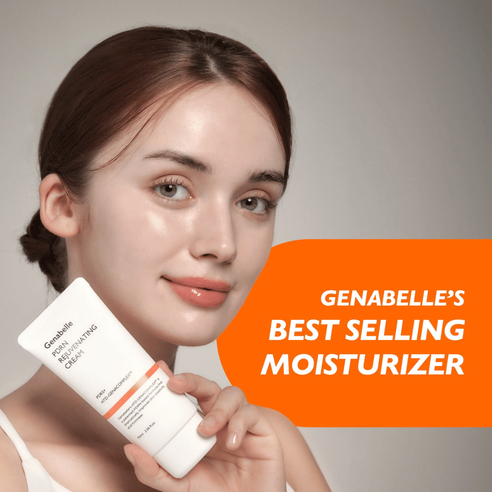 Osoba trzyma przed kamerą Genabelle PDRN Rejuvenating Cream. Obraz podkreśla produkt jako bestsellerowy krem do twarzy, koncentrujący się na nawilżeniu, odnowie skóry oraz zdrowej, promiennej cerze.