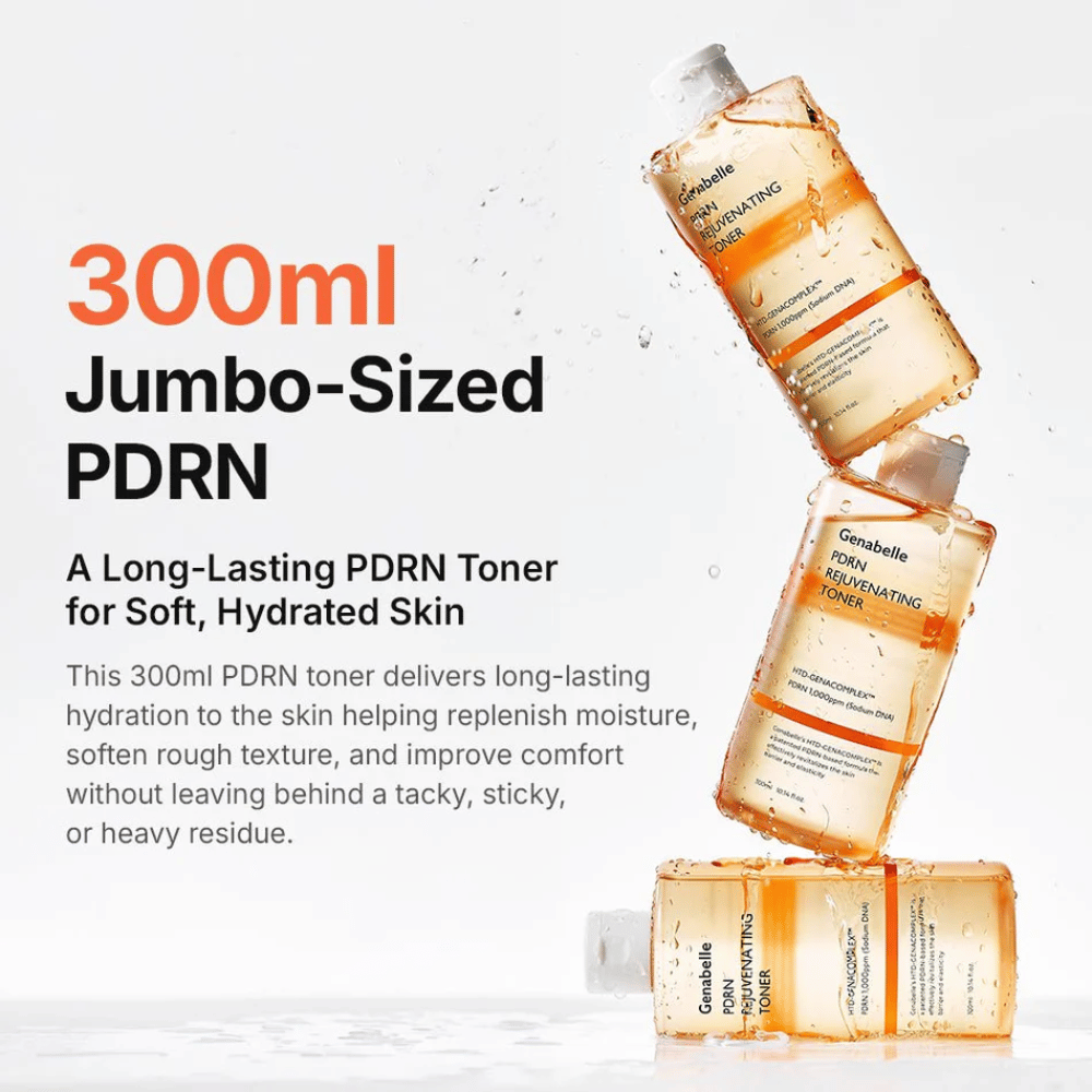 Genabelle PDRN Rejuvenating Toner 300 ml z PDRN, który zapewnia długotrwałe nawilżenie, bardziej miękką skórę i uczucie świeżości bez lepkości.