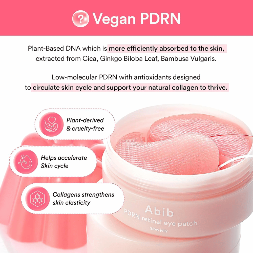 Abib PDRN Retinal Eye Patch Glow Jelly z wegańskim PDRN z ekstraktów roślinnych, który wzmacnia elastyczność skóry, zwiększa produkcję kolagenu i poprawia strukturę skóry.