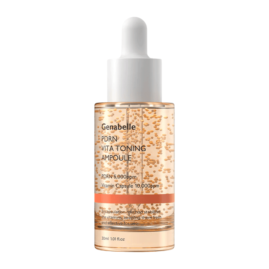 Packshot wyizolowanego produktu Genabelle PDRN Vita Toning Ampoule w przezroczystej szklanej butelce z białą zakrętką z pipetą i widocznymi kapsułkami witaminowymi w formule serum.