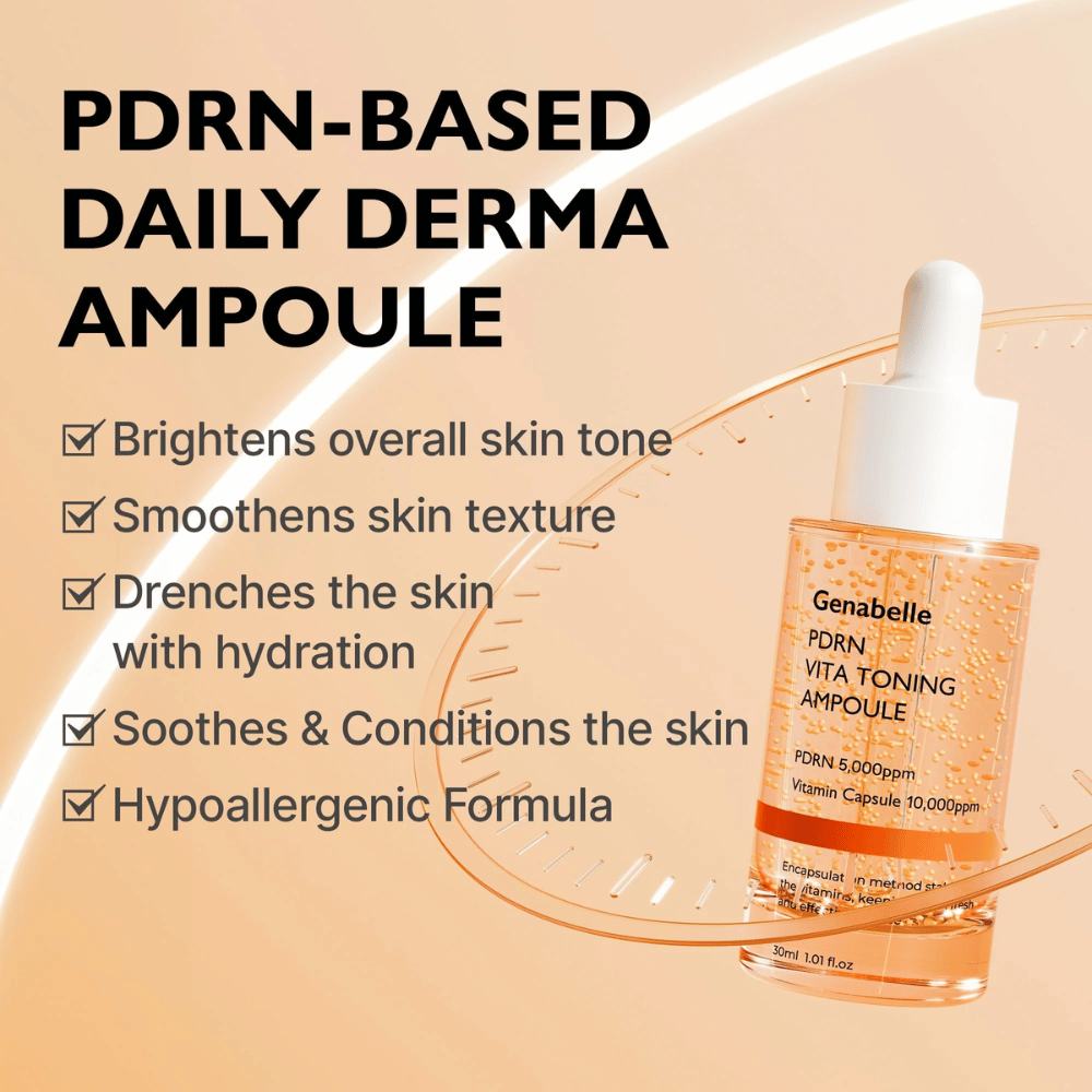 Zdjęcie produktu Genabelle PDRN Vita Toning Ampoule z tekstem o nawilżeniu, bardziej wyrównanym kolorycie skóry i właściwościach kojących dla skóry wrażliwej z hipoalergiczną formułą.