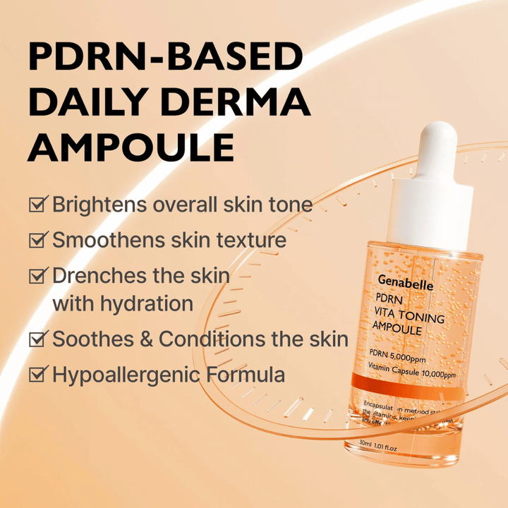 Zdjęcie produktu Genabelle PDRN Vita Toning Ampoule z tekstem o nawilżeniu, bardziej wyrównanym kolorycie skóry i właściwościach kojących dla skóry wrażliwej z hipoalergiczną formułą.