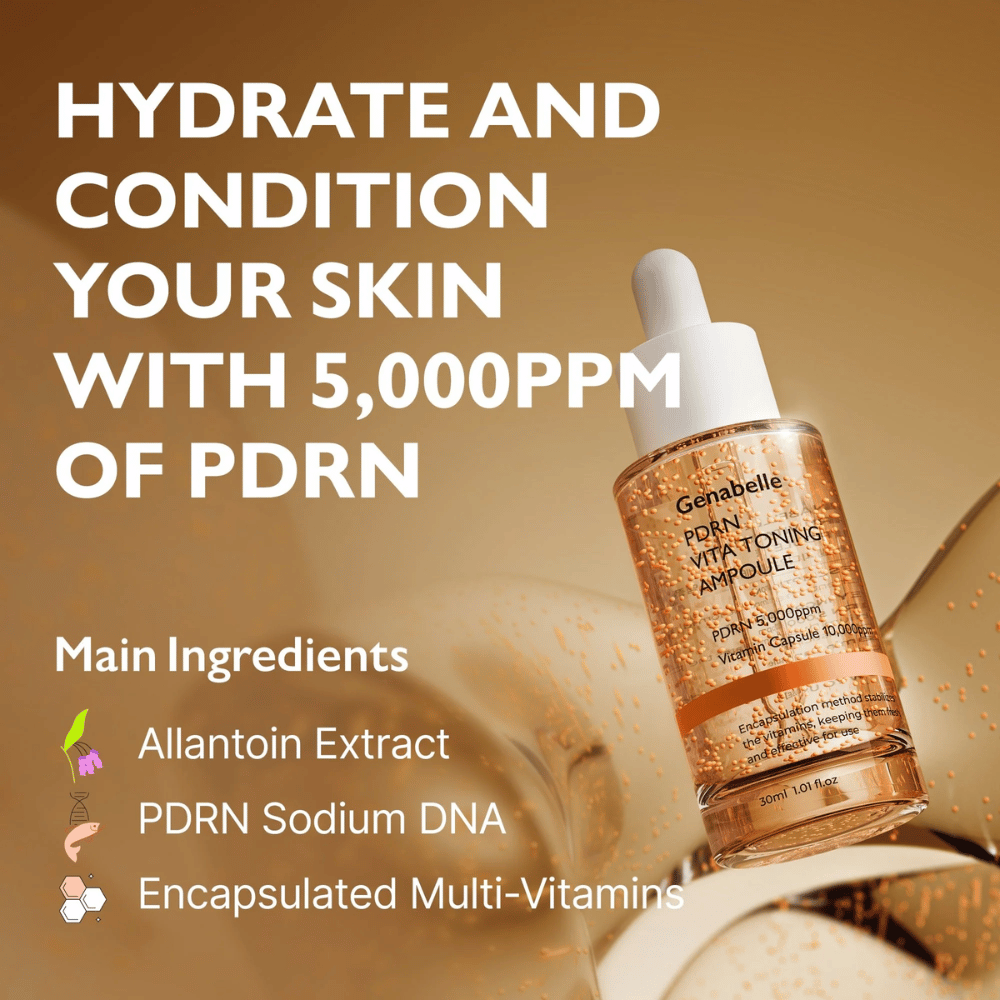 Grafika promocyjna dla Genabelle PDRN Vita Toning Ampoule z naciskiem na nawilżenie i PDRN 5000 ppm oraz składniki takie jak kapsułki witaminowe i Sodium DNA dla blasku i pielęgnacji skóry.