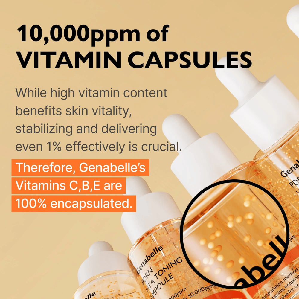 Genabelle PDRN Vita Toning Ampoule z zamkniętymi w kapsułkach witaminami w serum, które podkreślają rozświetlającą formułę z witaminami C, B i E dla blasku i witalności skóry.