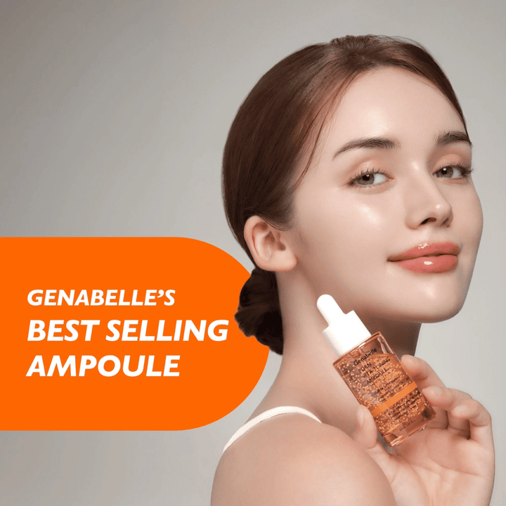 Modelka trzyma Genabelle PDRN Vita Toning Ampoule obok twarzy, z naciskiem na glow, blask i nawilżoną skórę dzięki koreańskiemu serum z kapsułkami witaminowymi i PDRN.