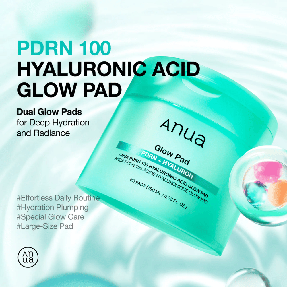 Anua PDRN 100 Hyaluronic Acid Glow Pad w turkusowym słoiku z tekstem podkreślającym nawilżenie, blask i duży rozmiar płatków – zaprojektowane do codziennego nawilżania i blasku.