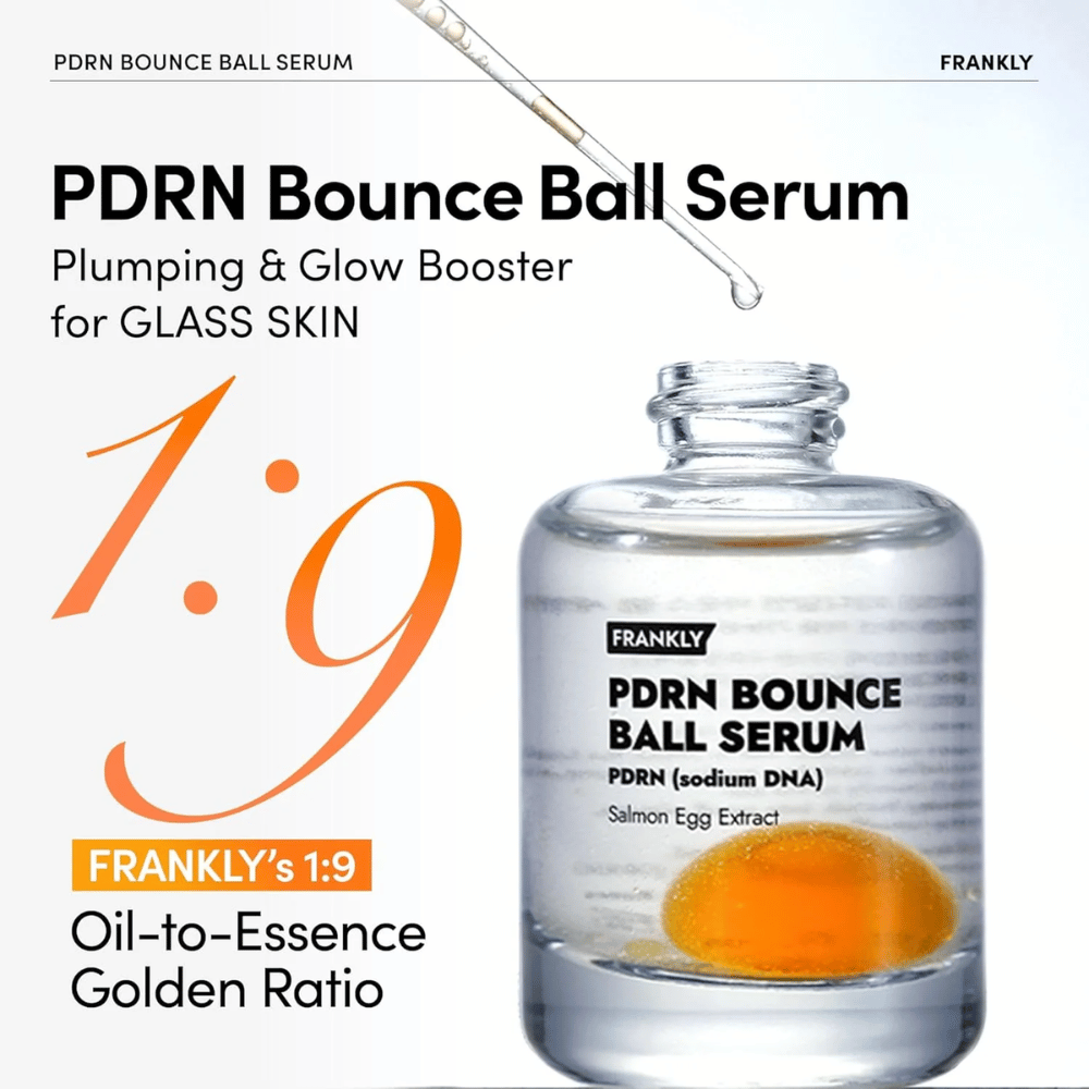 FRANKLY PDRN Bounce Ball Serum – nawilżające i ujędrniające serum z unikalnym stosunkiem oleju do esencji 1:9 dla efektu „szklanej skóry”.