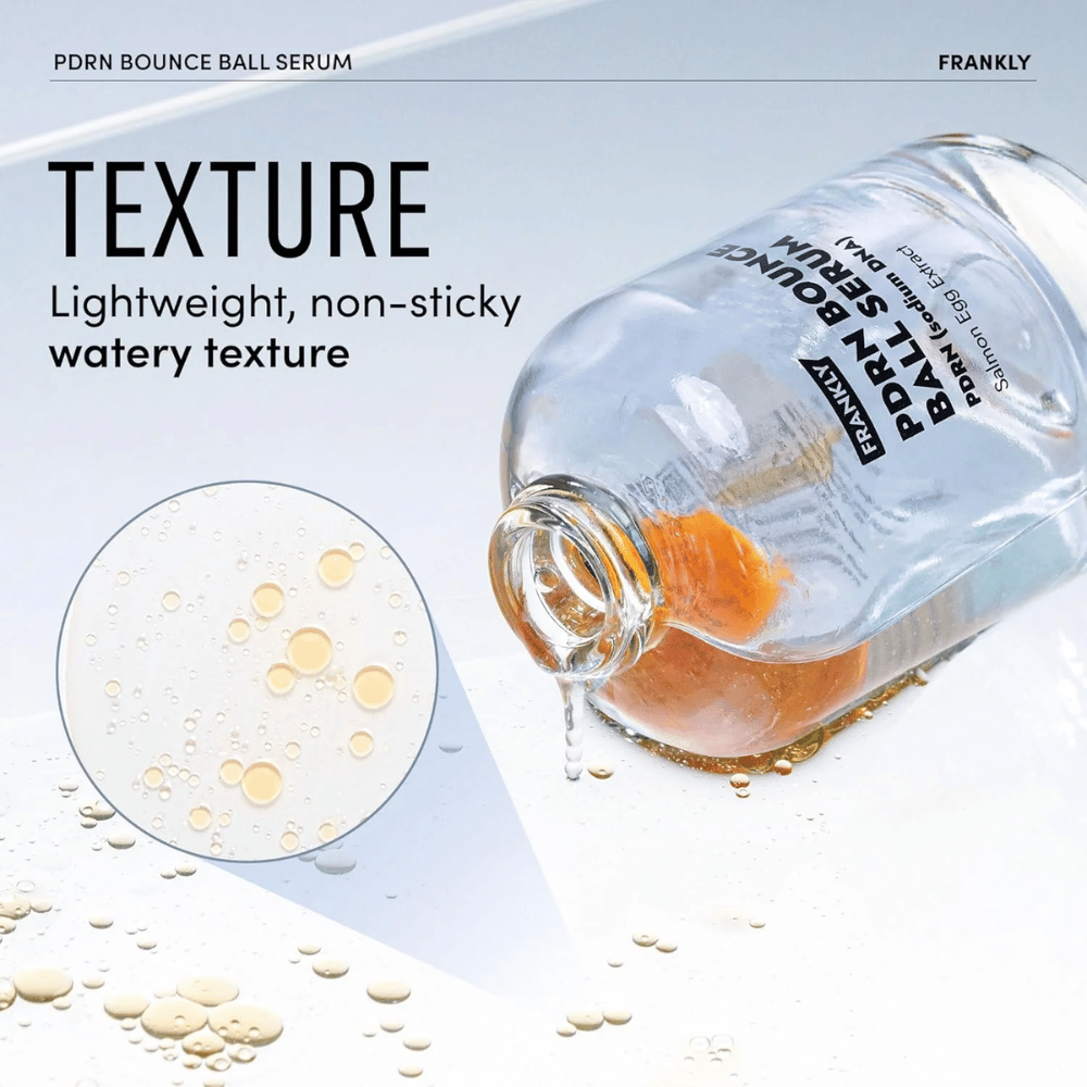 FRANKLY PDRN Bounce Ball Serum – lekka, nieklejąca się formuła o wodnistej teksturze, która nawilża i nadaje skórze świeży blask.