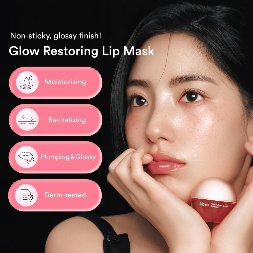 Kobieta z błyszczącymi ustami trzyma różowy słoik Abib PDRN Collagen Lip Mask. Tekst po lewej stronie wymienia Zalety: nawilżający, rewitalizujący, wypełniający i błyszczący oraz dermatologicznie testowany.