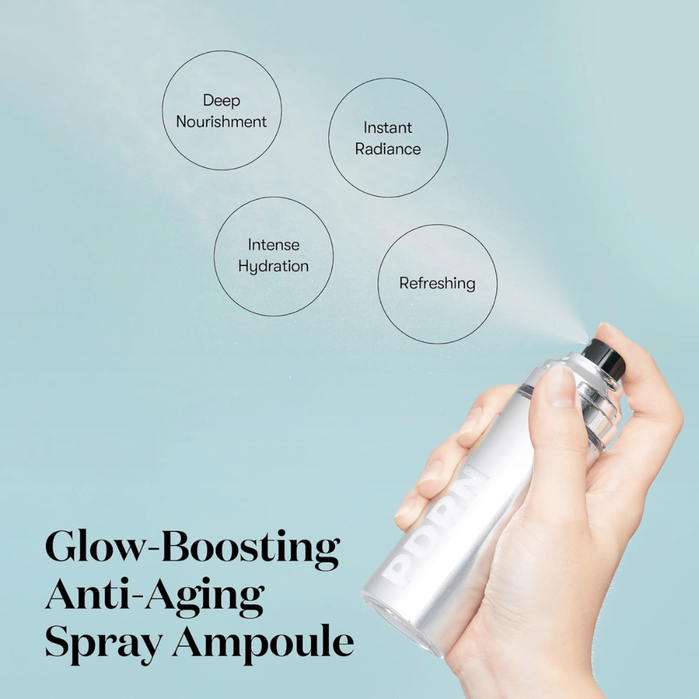 Ręka rozpyla VT PDRN Glow Ampoule z srebrnej butelki w sprayu. Otaczający tekst opisuje zalety produktu: "Głębokie Odżywienie," "Natychmiastowy Blask," "Intensywne Nawilżenie," i "Odświeżenie." Produkt reklamowany jest jako ampułka zwiększająca blask i przeciwstarzeniowa.