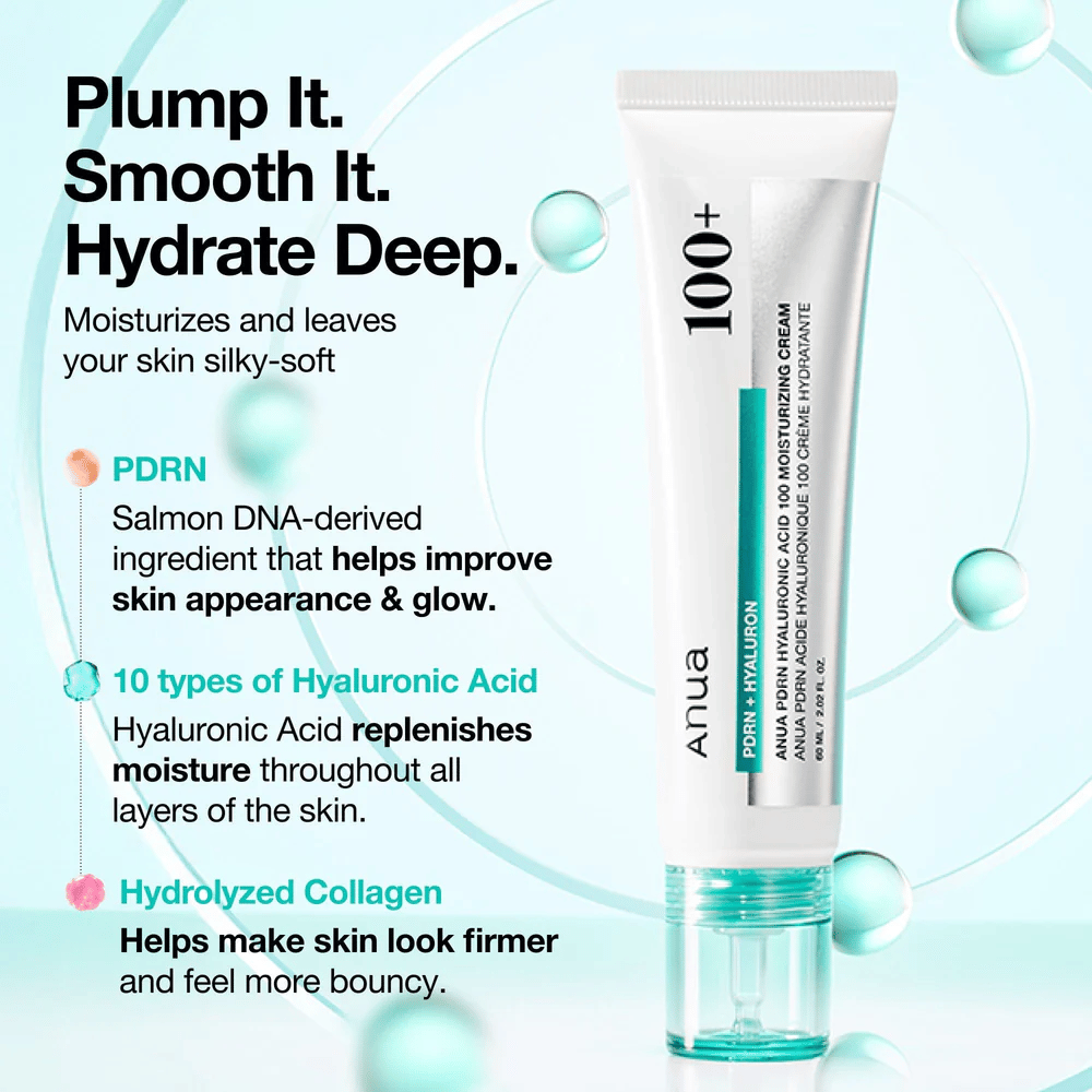 Anua PDRN Hyaluronic Acid 100 Moisturizing Cream z kwasem hialuronowym, PDRN i kolagenem – nawilża, wygładza i wzmacnia skórę.