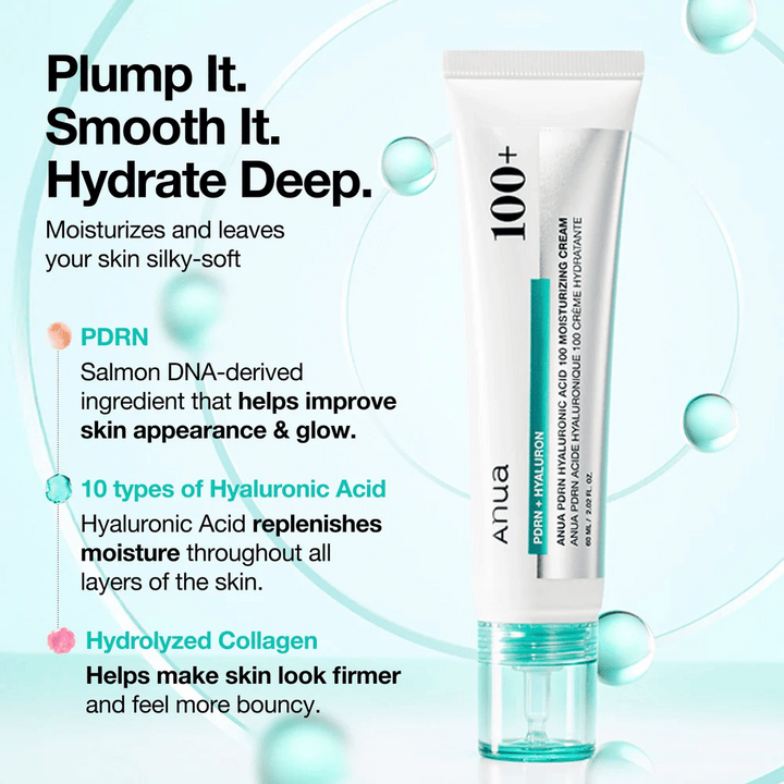 Anua PDRN Hyaluronic Acid 100 Moisturizing Cream med hyaluronsyra, PDRN och kollagen – återfuktar, jämnar ut och stärker huden.
