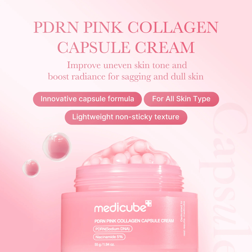 Różowy słoik z Medicube PDRN Pink Collagen Capsule Cream, otoczony kapsułkowymi bąbelkami i tekstem podkreślającym właściwości kremu dla nierównej cery, blasku i wszystkich typów skóry.
