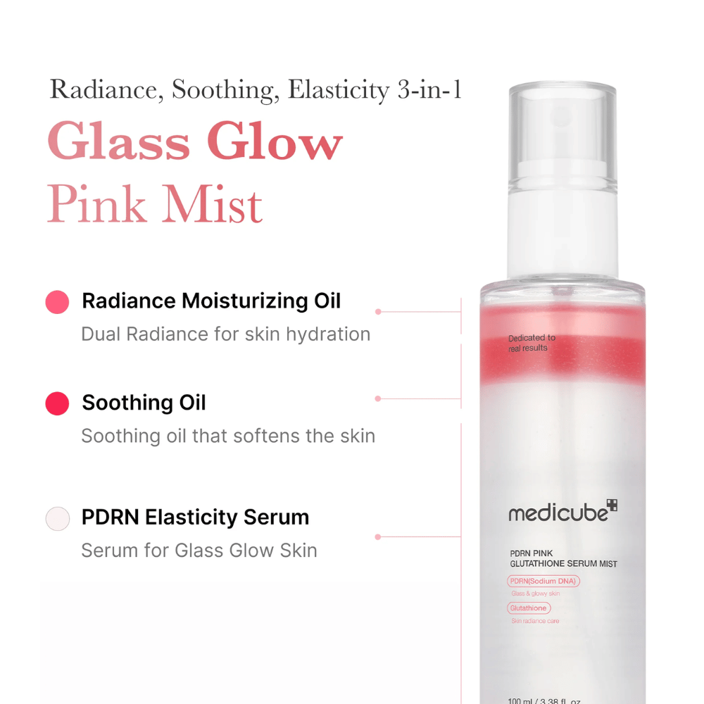 Zdjęcie produktu Medicube PDRN Pink Glutathione Serum Mist z trzema warstwami: nawilżający olejek, łagodzący olejek i serum PDRN dla blasku, elastyczności i miękkiej skóry.