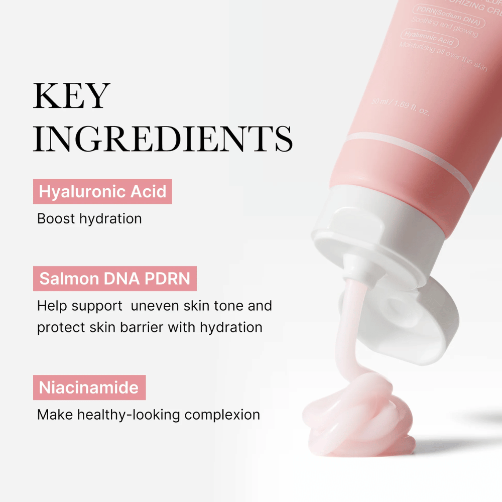 Medicube PDRN Pink Hyaluronic Moisturizing Cream z kluczowymi składnikami: kwasem hialuronowym, DNA łososia PDRN i niacynamidem, pokazany z różowym kremem z tubki.