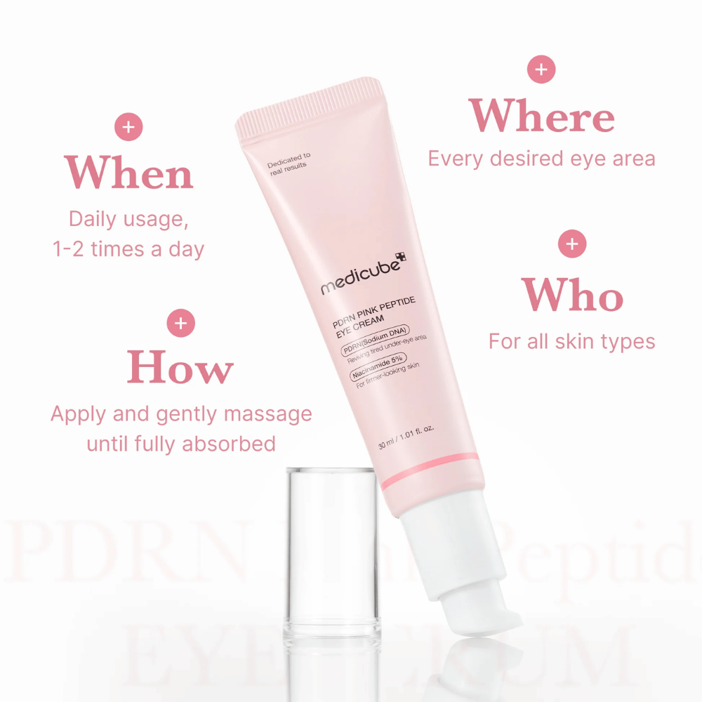 Medicube PDRN Pink Peptide Eye Cream, tubka 30 ml. Krem pod oczy z PDRN i 5% niacynamidu. Używaj 1-2 razy dziennie wokół oczu. Odpowiedni dla wszystkich typów skóry.