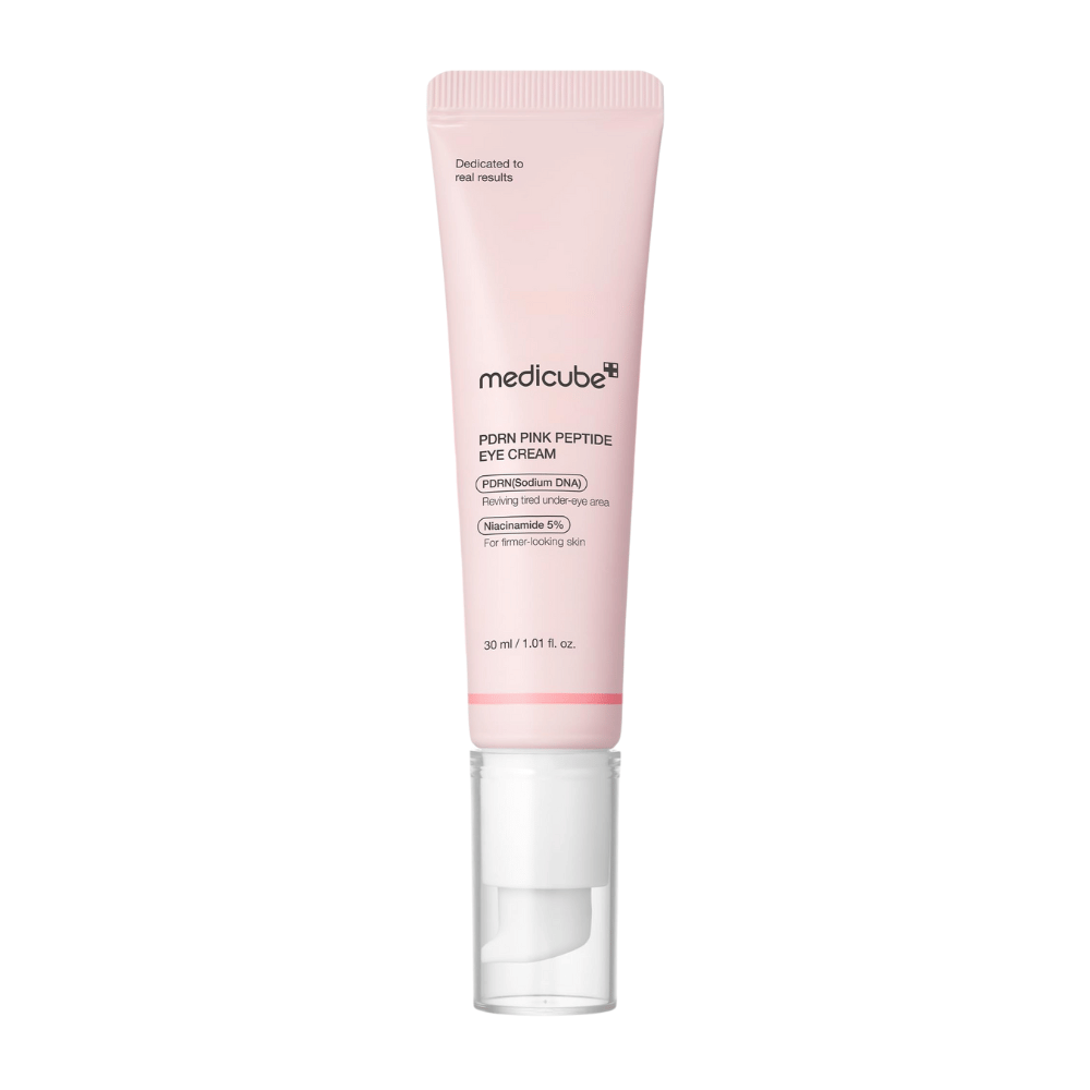 Medicube PDRN Pink Peptide Eye Cream w różowej tubie, 30 ml. Krem pod oczy z PDRN i 5% niacynamidu, który ożywia zmęczoną skórę pod oczami i nadaje jej jędrniejszy wygląd.