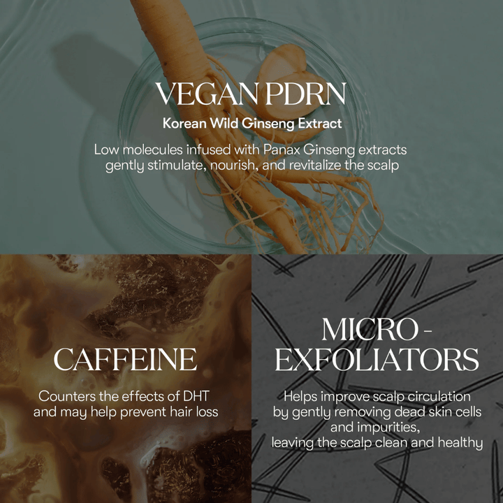 Ilustracja aktywnych składników w PDRN Reedle Shot Hair Ampoule 100dL z wegańskim PDRN z koreańskiego dzikiego żeń-szenia, kofeiną i mikroeksfoliatorami, które pielęgnują i rewitalizują skórę głowy.