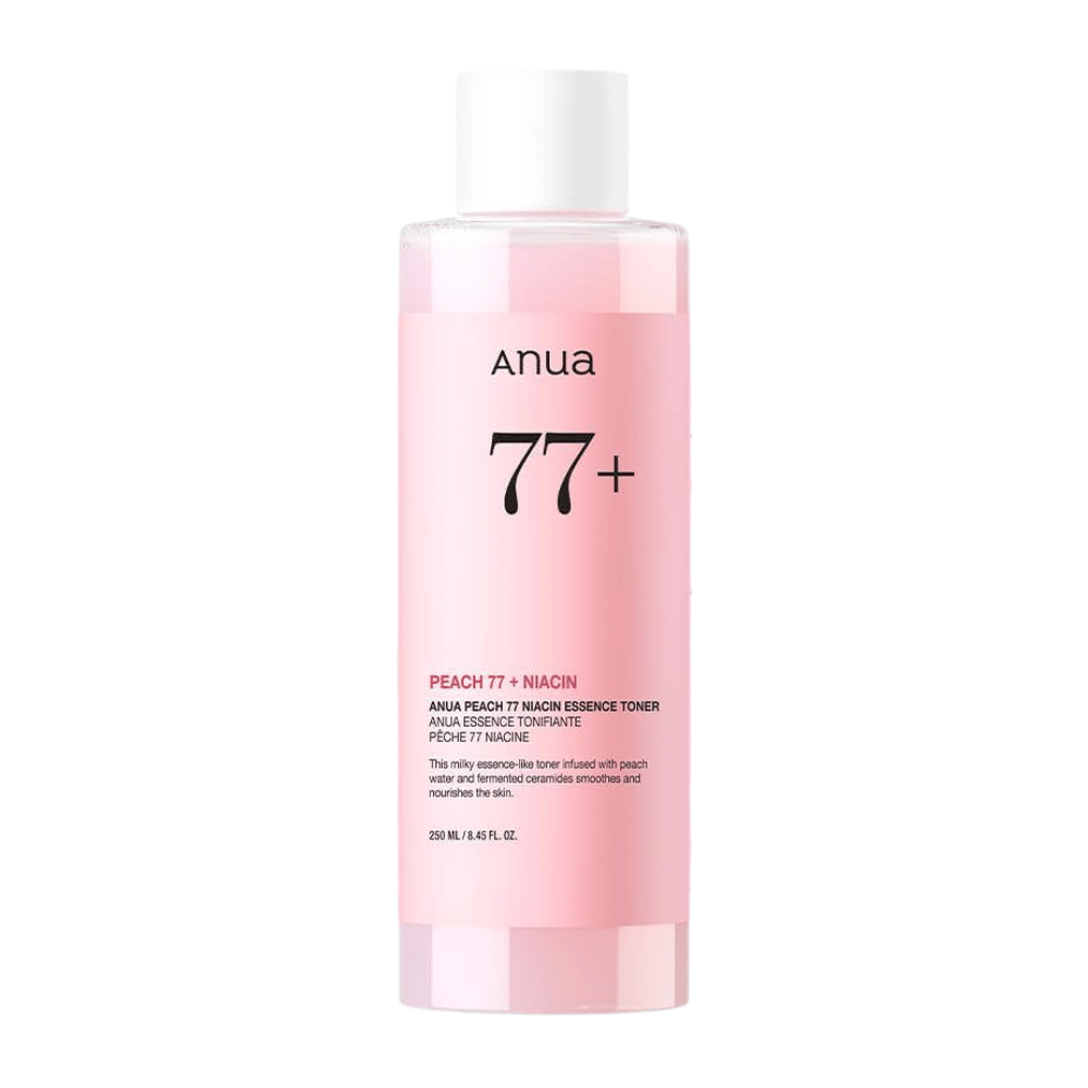 Anua Peach 77 Niacin Essence Toner w przezroczystej różowej butelce z białą nakrętką, zawierającej 250 ml mlecznego toniku dla równomiernego kolorytu skóry i blasku.