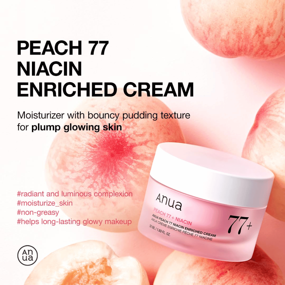 Anua Peach 77% Niacin Enriched Cream – krem nawilżający o konsystencji puddingu, który nadaje blask i objętość dzięki 77% ekstraktowi z brzoskwini.