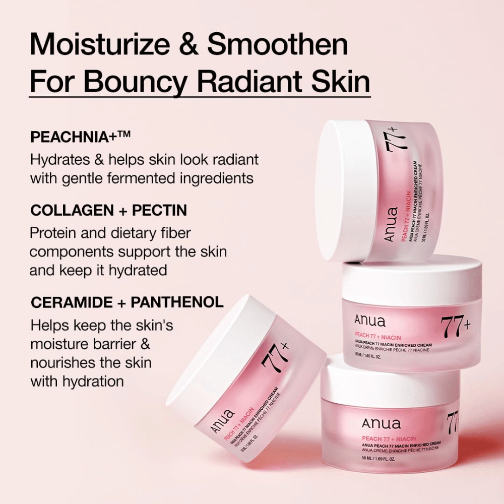 Anua Peach 77% Niacin Enriched Cream z PEACHNIA™, kolagenem, pektyną, ceramidem i pantenolem dla nawilżonej, elastycznej skóry.