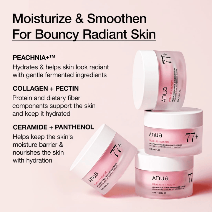 Anua Peach 77% Niacin Enriched Cream z PEACHNIA™, kolagenem, pektyną, ceramidem i pantenolem dla nawilżonej, elastycznej skóry.