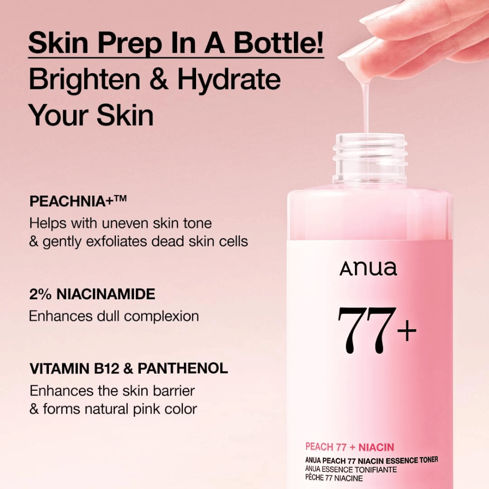 Anua Peach 77 Niacin Essence Toner w różowej butelce, z tekstem podkreślającym PEACHNIA+, 2% niacynamid oraz witaminę B12 i pantenol, aby rozjaśnić skórę i wzmocnić barierę.