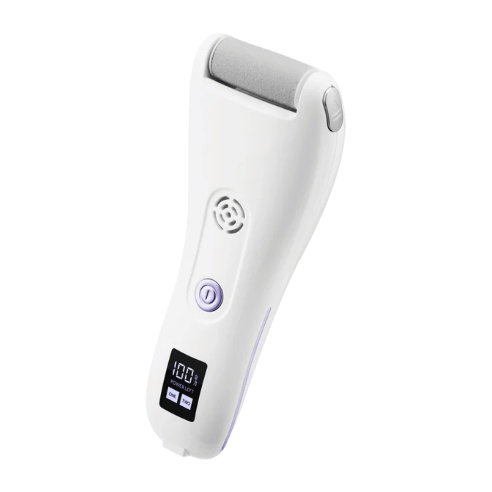 9. BAREN Pedi Mate Dual Power Vacuum Type Electric Callus Remover – biały elektryczny pilnik do stóp z możliwością ładowania, cyfrowym wyświetlaczem i fioletowymi detalami