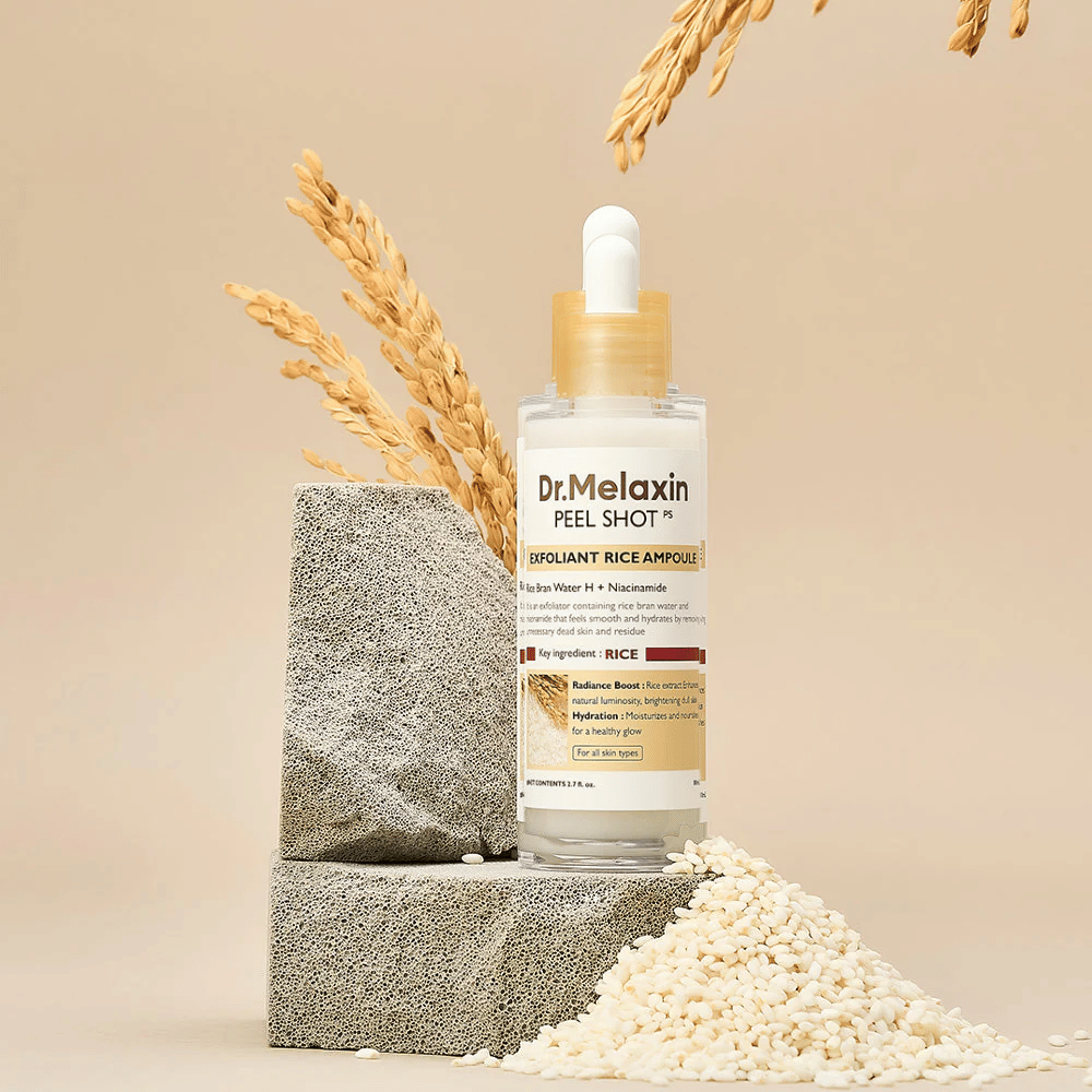 Dr.Melaxin Peel Shot Exfoliant Rice Ampoule ustawiona z ryżem i blokami kamienia, koreańska złuszczająca ampułka z ekstraktem z ryżu i niacynamidem dla jaśniejszej i gładszej skóry.