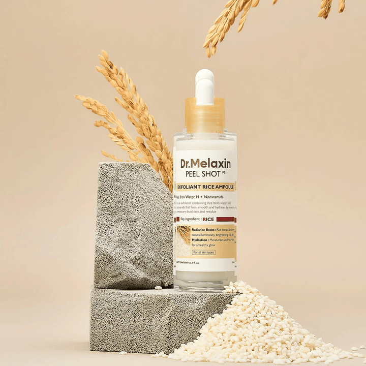 Dr.Melaxin Peel Shot Exfoliant Rice Ampoule ustawiona z ryżem i blokami kamienia, koreańska złuszczająca ampułka z ekstraktem z ryżu i niacynamidem dla jaśniejszej i gładszej skóry.