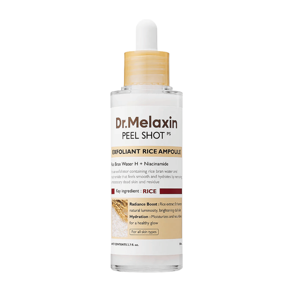 Dr.Melaxin Peel Shot Exfoliant Rice Ampoule w pełnym widoku na białym tle, złuszczające serum do twarzy z ekstraktem z ryżu i niacynamidem dla bardziej jednolitego kolorytu skóry i zwiększonego blasku.