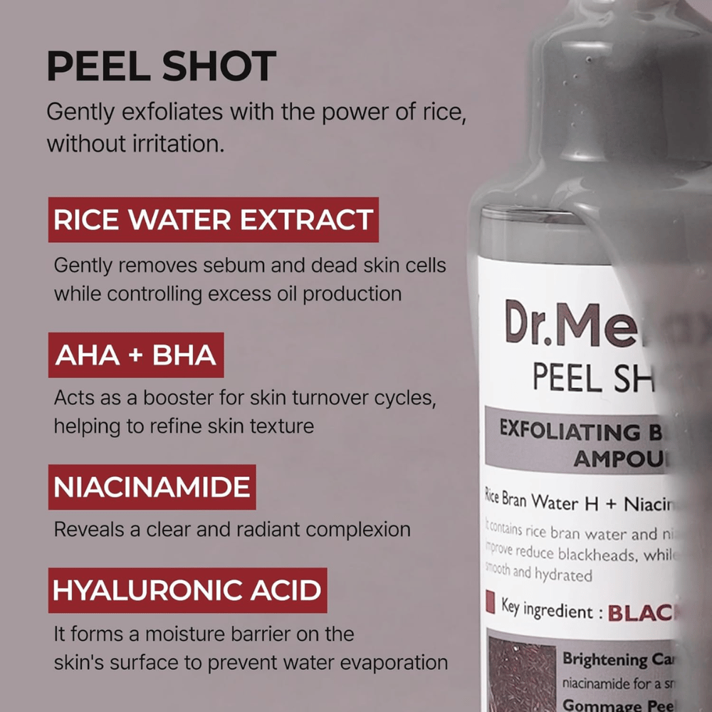 Dr.Melaxin Peel Shot Black Rice Ampoule z ekstraktem z wody ryżowej, AHA BHA, niacynamidem i kwasem hialuronowym do złuszczania i zmniejszania porów