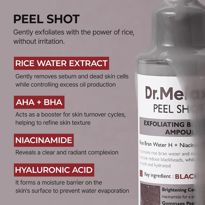 Dr.Melaxin Peel Shot Black Rice Ampoule z ekstraktem z wody ryżowej, AHA BHA, niacynamidem i kwasem hialuronowym do złuszczania i zmniejszania porów