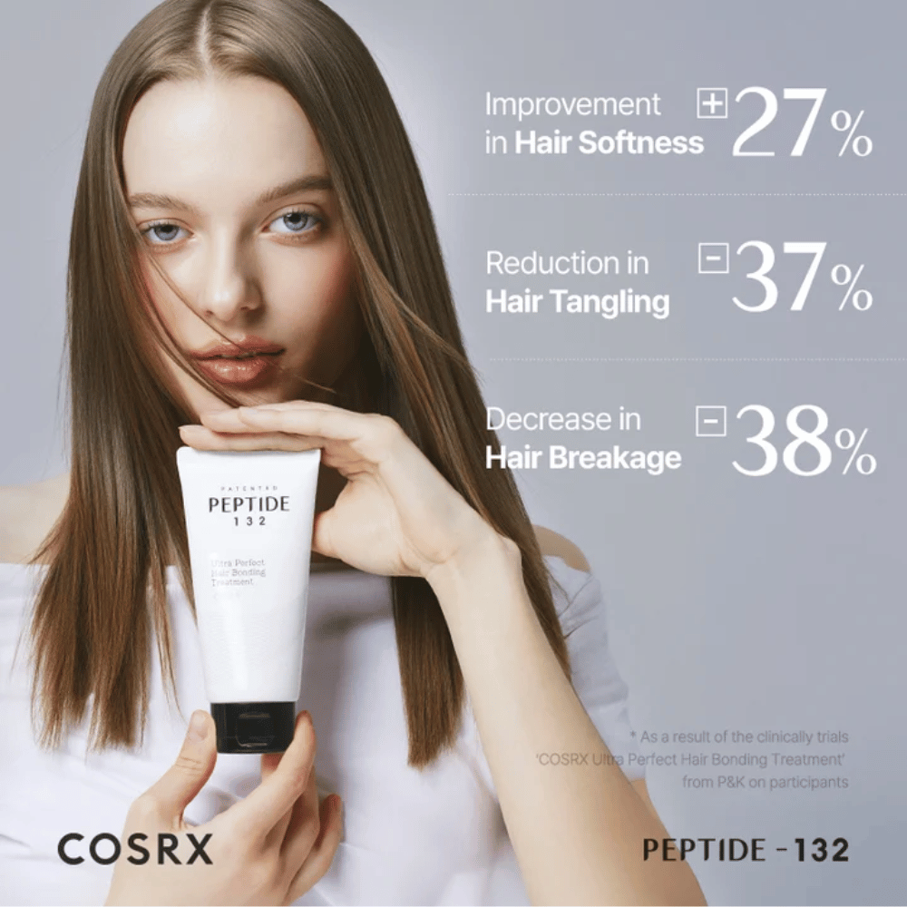 Kobieta trzyma COSRX Peptide 132 Treatment – pokazuje kliniczne wyniki z zmniejszonym łamaniem się włosów i zwiększoną miękkością.