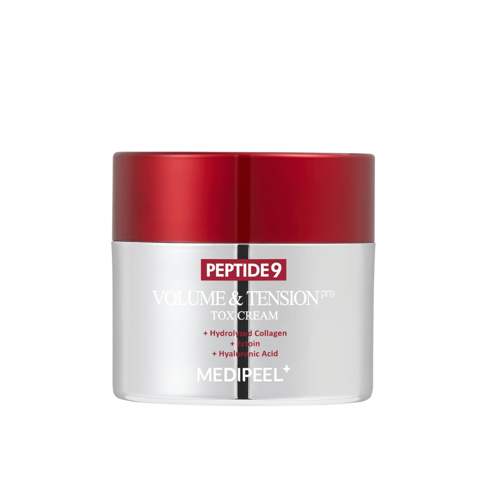 MEDI-PEEL Peptide 9 Volume & Tension Tox Cream w srebrnym słoiku z czerwoną pokrywką. Krem przeciwstarzeniowy z peptydami i kolagenem, który wzmacnia elastyczność skóry.